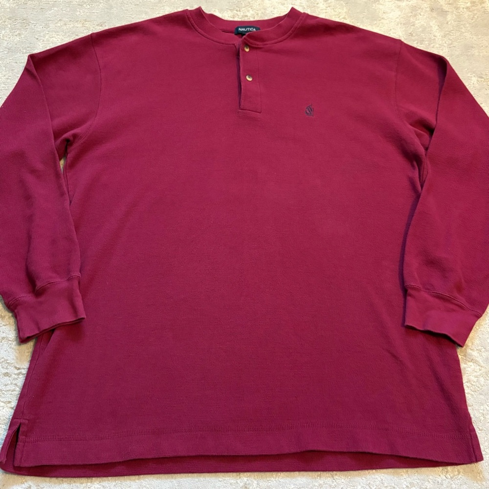 Nautica Men's Burgundy Long Sleeve Waffle Knit Henley Shirt Size Xlarge - Picture 4 of 11